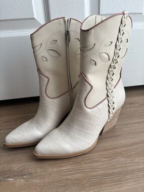 Dolce Vita Lori Croc-Embossed Ivory Leather Boots